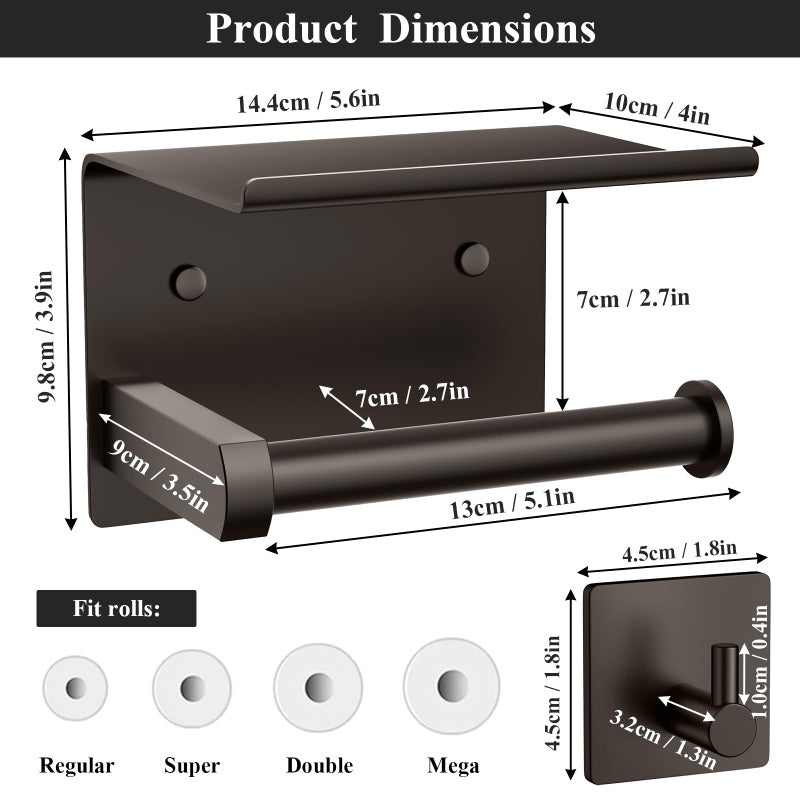 Tindbea Toilet Paper Holder with Phone Shelf + Towel Robe Hooks, Adhesive or Screw Wall Mounted Toilet Paper Roll Storage, Stainless Steel Bathroom Tissue Roll Holder (Brushed Nickel) - Image 3
